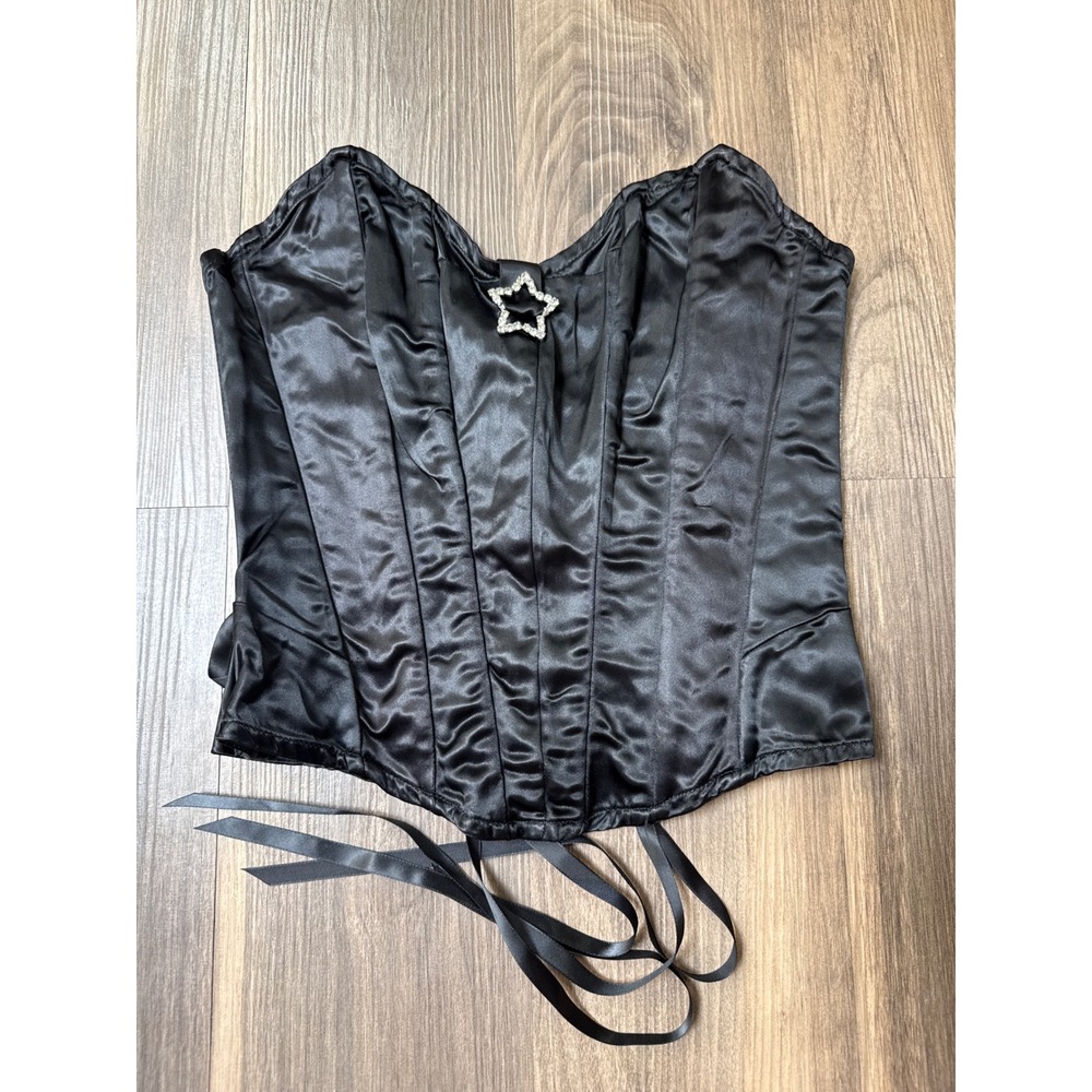 VTG Shirley of Hollywood Corset Top Womens 36 Black Satin Star Rhinestone